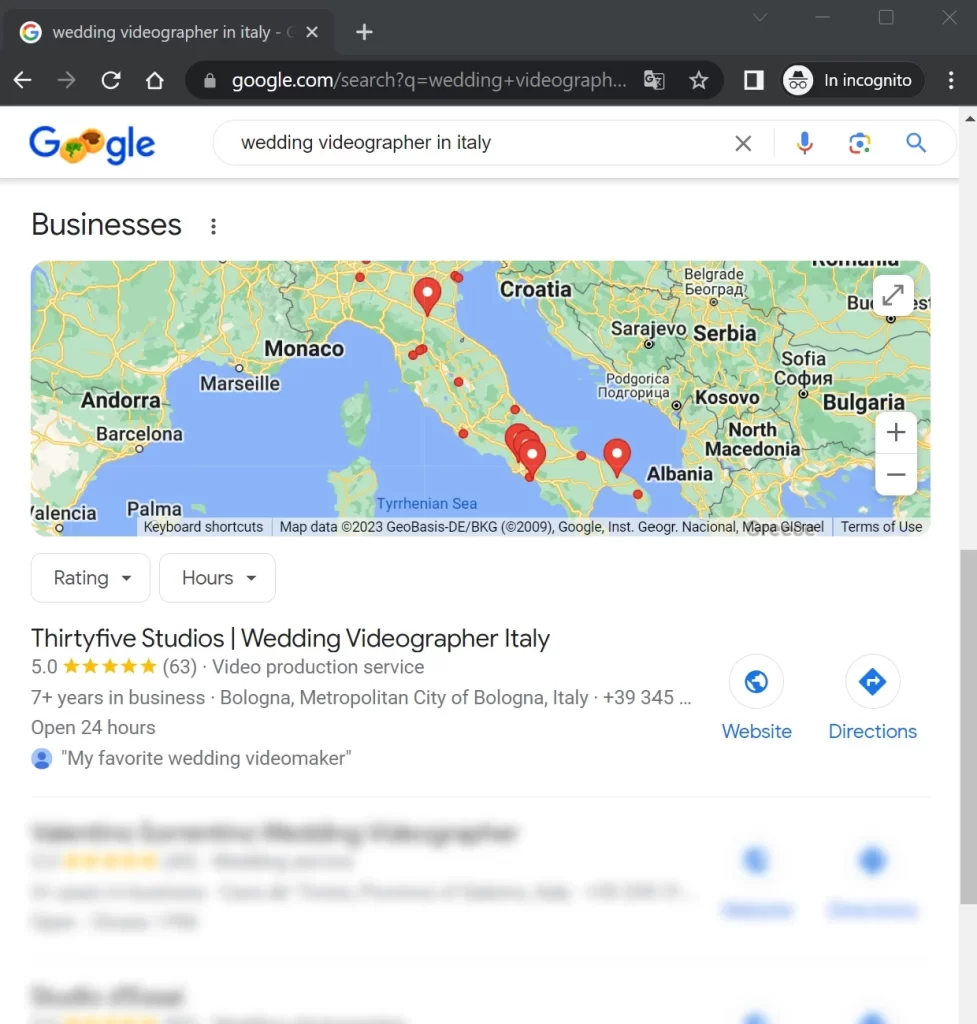 Check Google Maps reviews when search for wedding videographers in italy