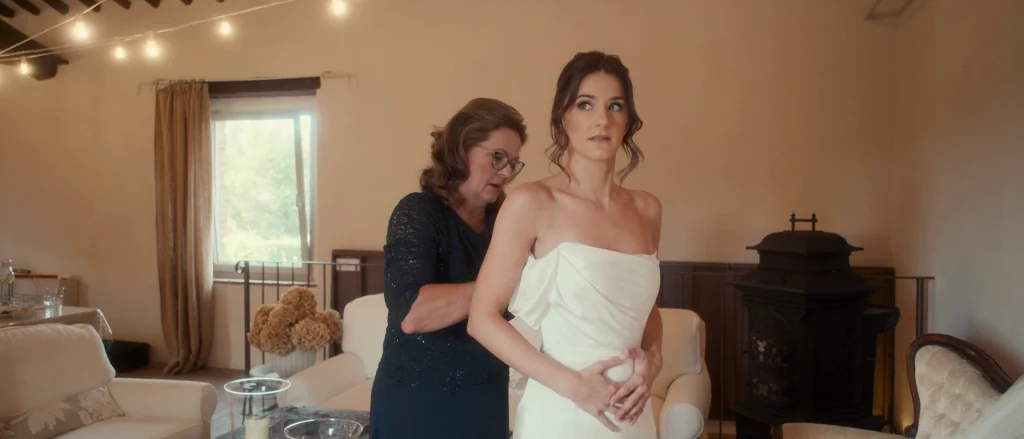 The bride's mom helping her with her wedding dress