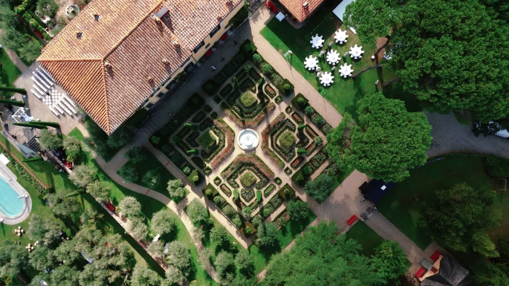 Drone shot of the gardens of Il Palagio