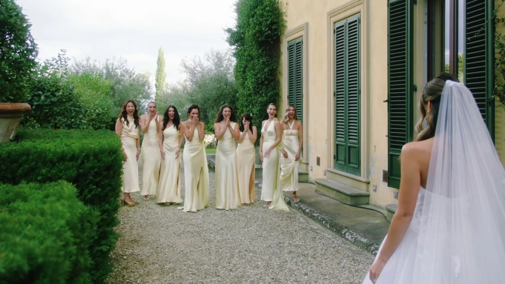 The bridesmaids' first look at the bride