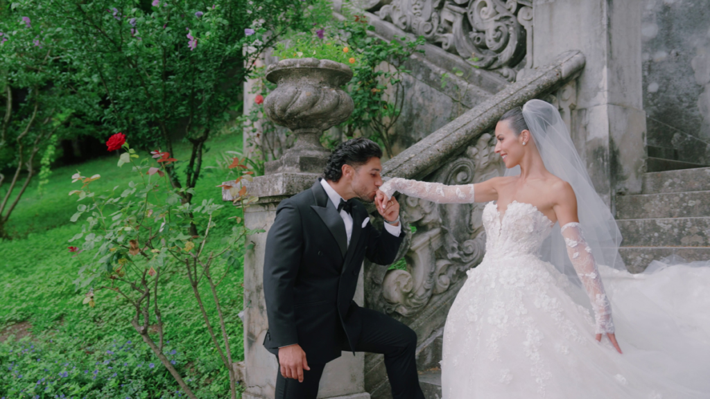 The bride and the groom during couple's shooting