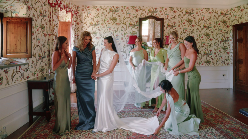 The bride gets ready with her bridesmaids
