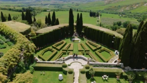 Drone shot of the gardens of Villa La Foce