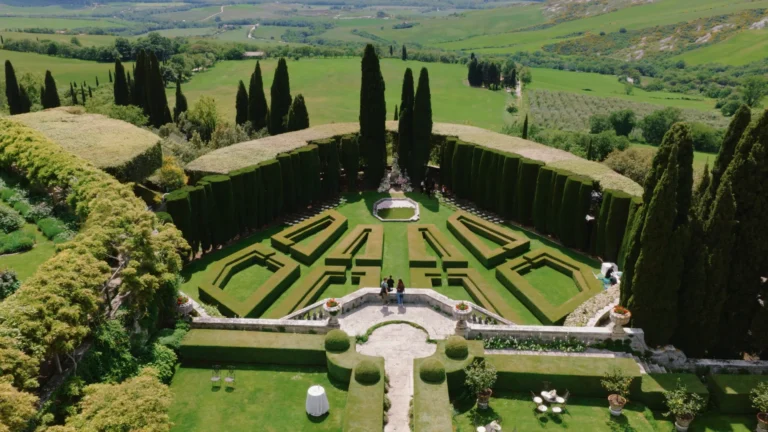 Drone shot of the gardens of Villa La Foce