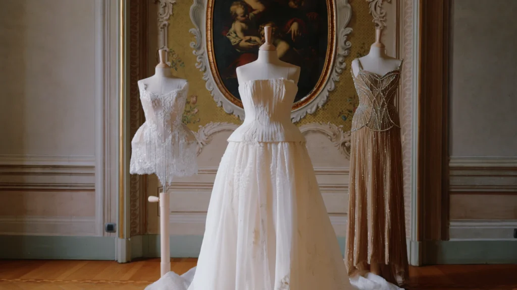 Wedding gowns displayed on mannequins inside Villa Erba
