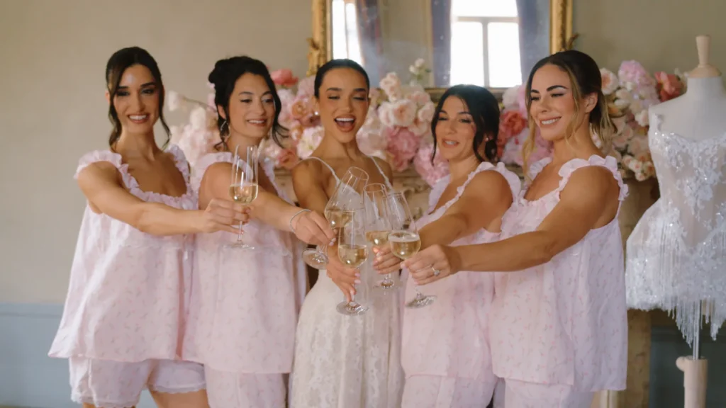 The bride toasting with her bridesmaids