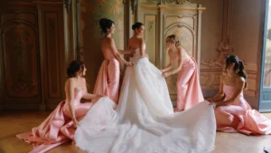 The bride getting ready with her bridesmaids