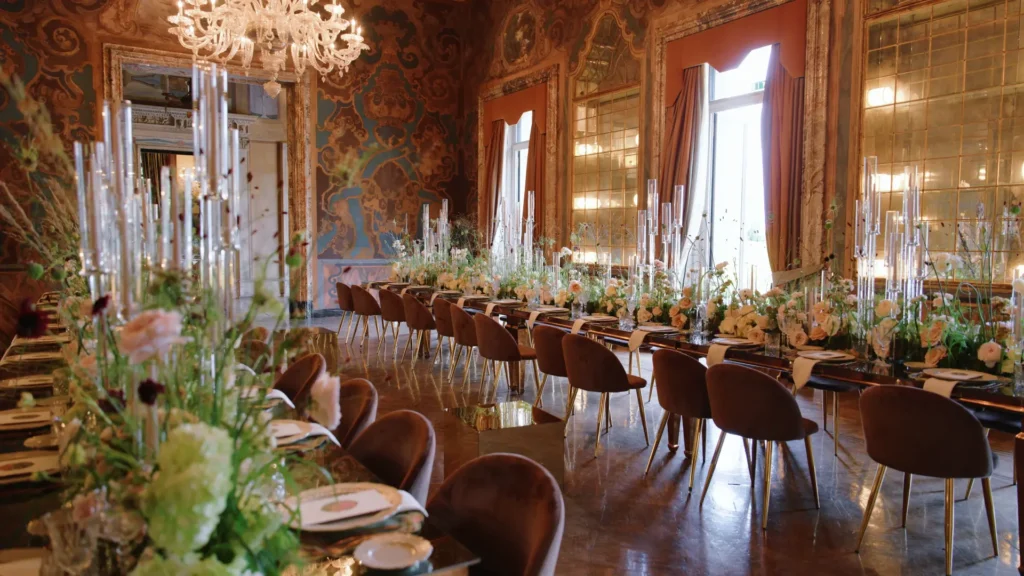 Elegant wedding banquet set up inside Villa Erba
