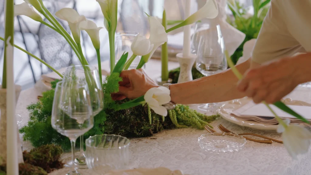 Floral arrangements being carefully prepared