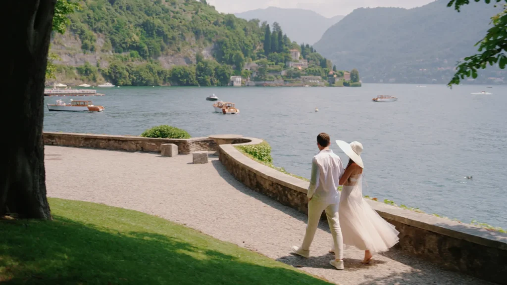 The couple strolls through the gardens of Villa d'Este